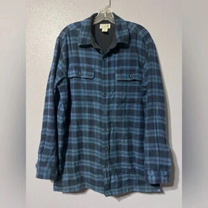 LL Bean Shirt Men's Medium TALL Fleece Lined Shacket Flannel Plaid 252749 Blue.